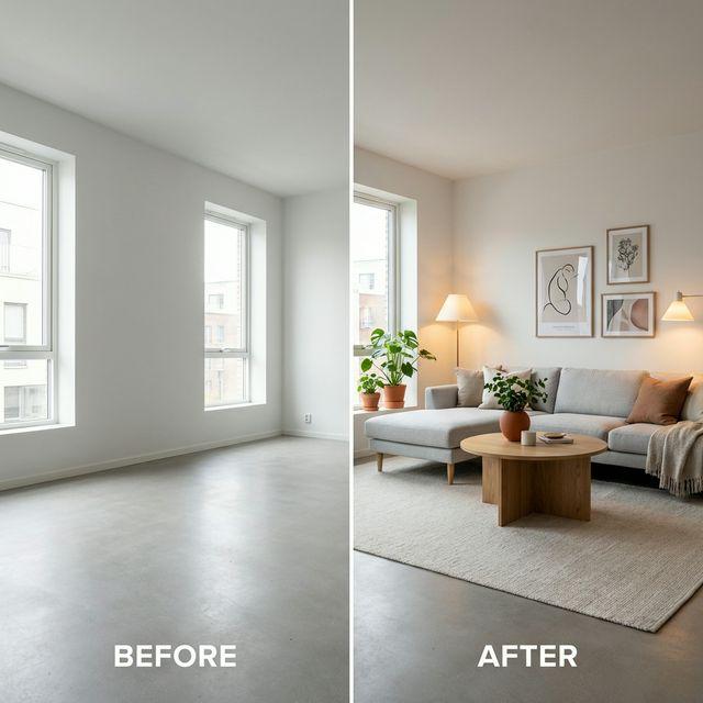 Home staging AI — mieszkanie w stanie deweloperskim przed i urządzony salon po